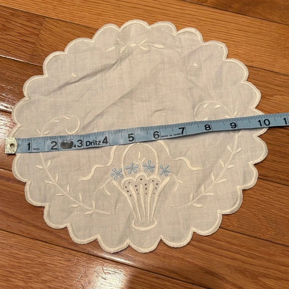 Vintage Cream and Blue Embroidered Linen Doily